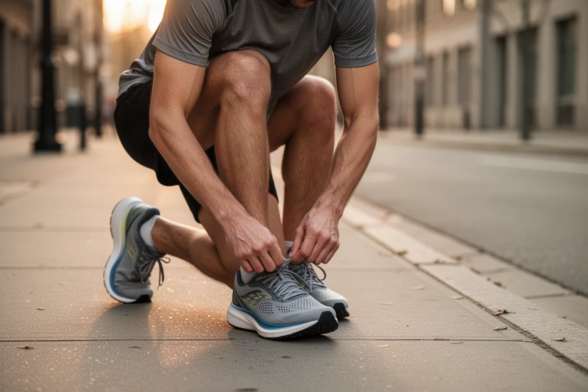 Runner lacing up a daily trainer on a quiet city sidewalk at dawn