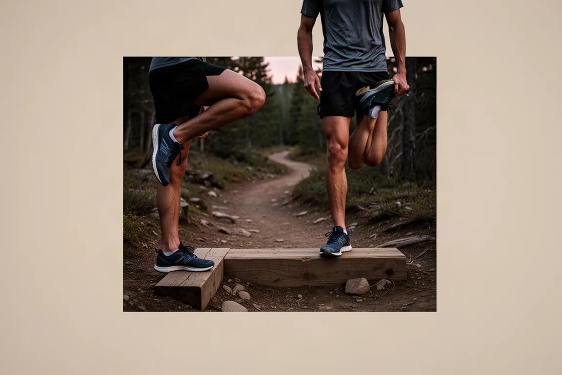 Runner stretching calves on a trailhead step after a hard effort