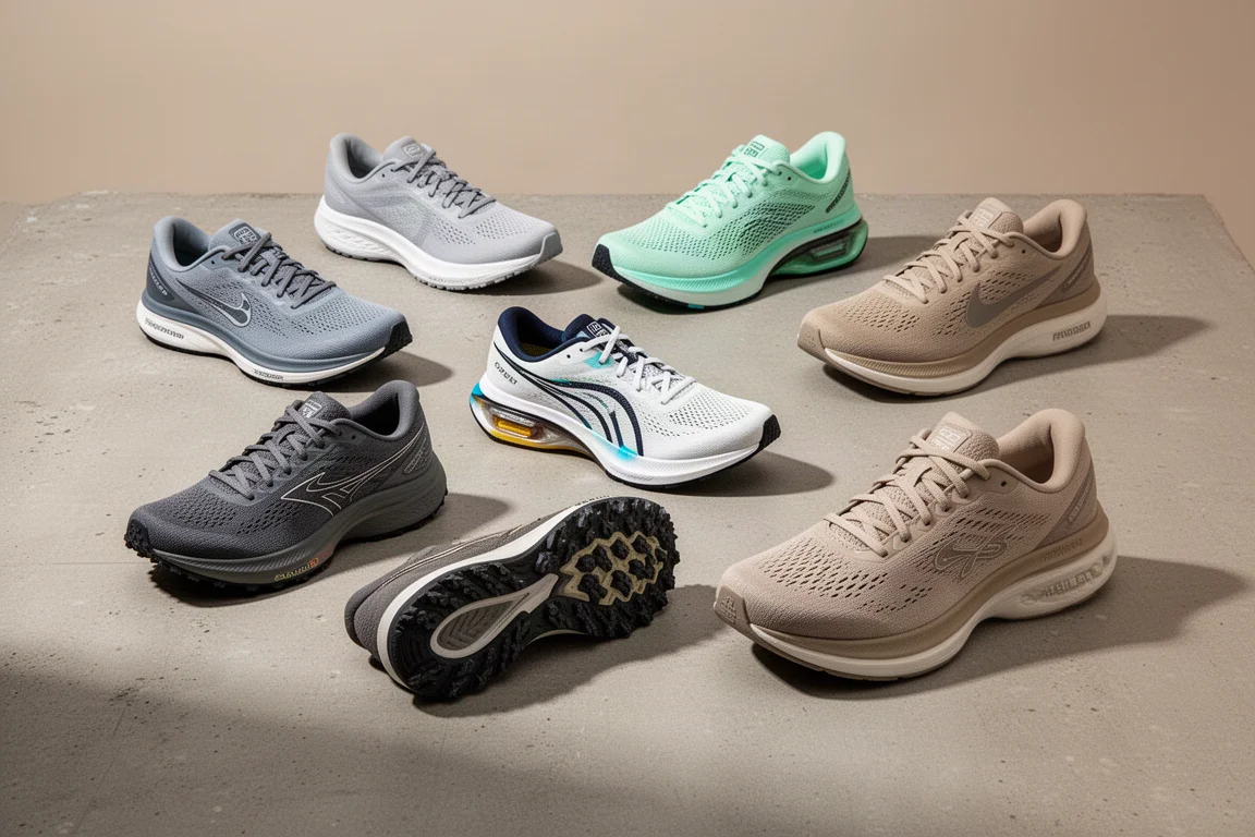 Eight running shoes of varied styles arranged on a concrete surface