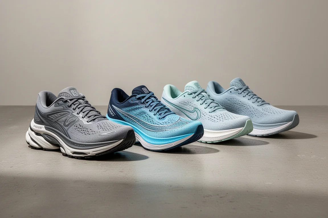Sei scarpe da running disposte in fila su un pavimento di cemento