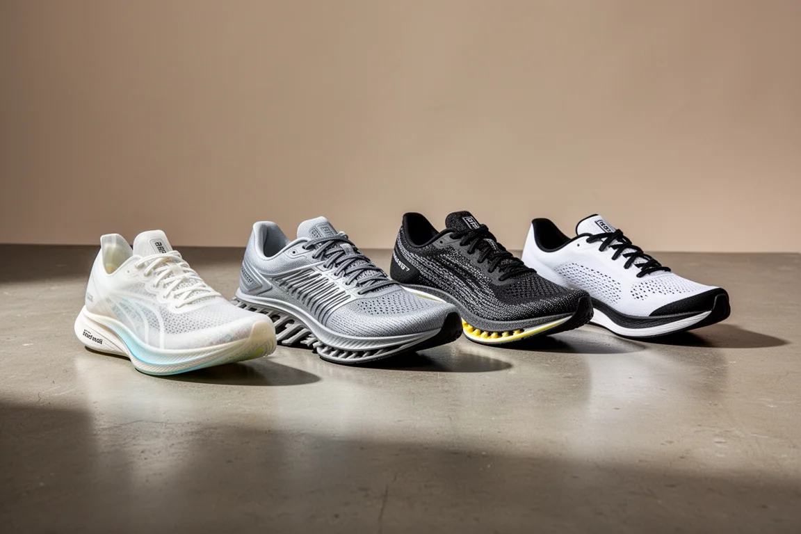 Four road running shoes arranged in a line on a concrete studio floor