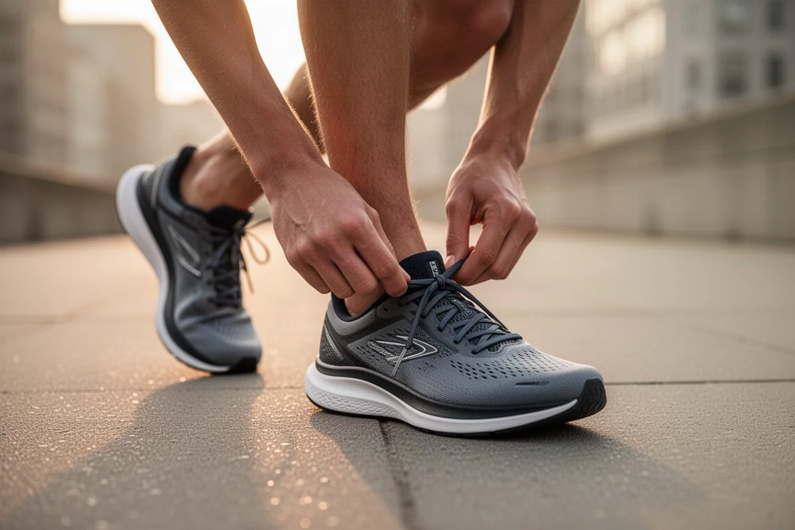 Läufer schnürt im Morgengrauen auf einer städtischen Straße einen leichten Laufschuh