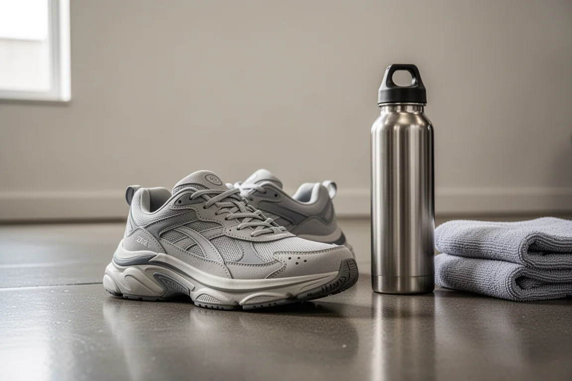 Stark gedämpfter Daily Trainer liegt im Fitnessstudio auf dem Boden neben einer Wasserflasche