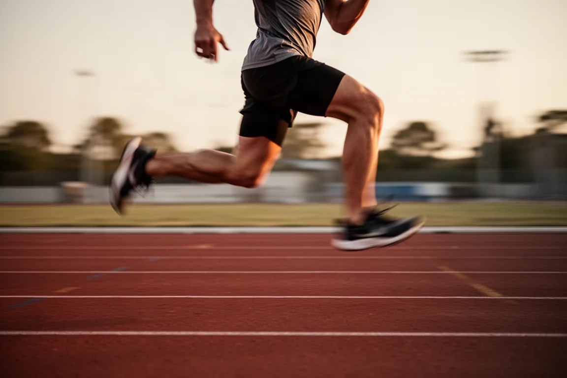 Leichtathletin mitten im Schritt auf einer roten Laufbahn im Abendlicht