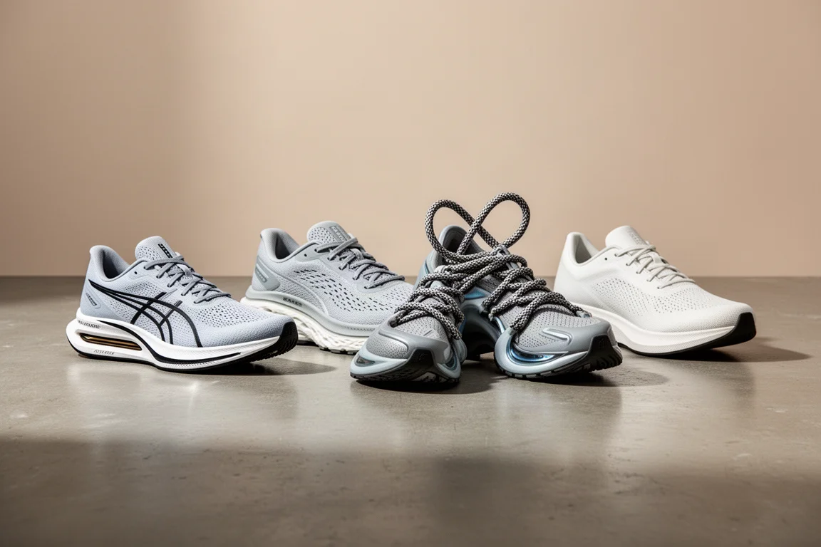 Four running shoes arranged in a row on a concrete studio floor