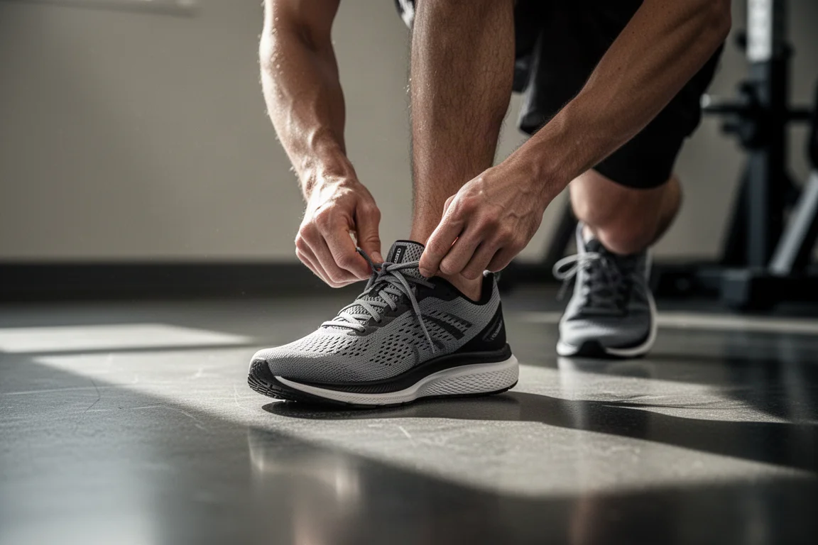 Un corredor atándose unas zapatillas ligeras de entrenamiento en el suelo de un gimnasio