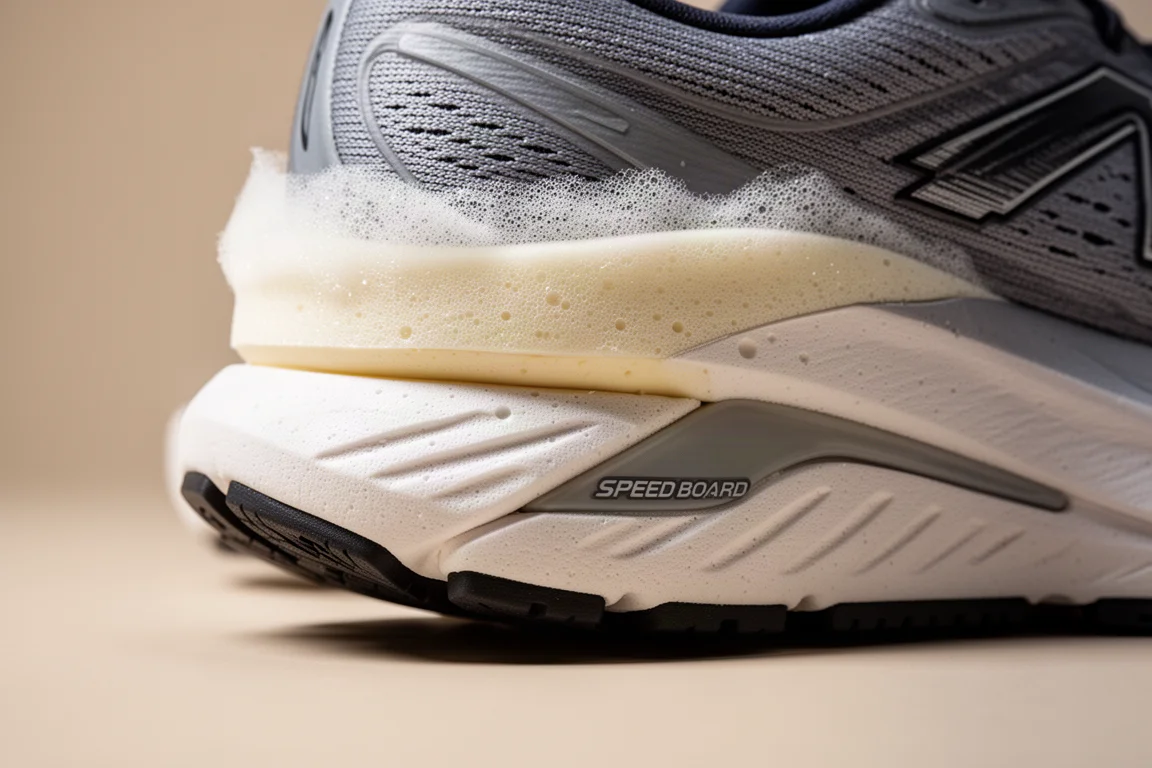 Primer plano de una mediasuela de zapatilla de running con dos capas superpuestas