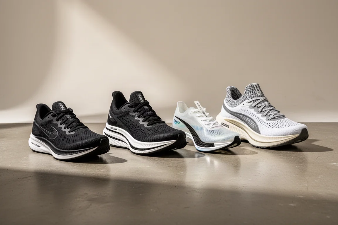 Four new running shoes from Brooks, On and Adidas arranged on a concrete studio floor