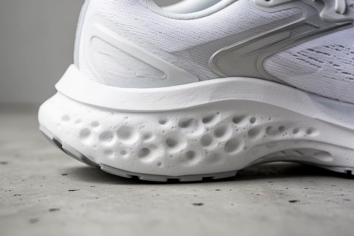 Close-up van een dikke witte tussenzool op een road-running-schoen met maximale demping