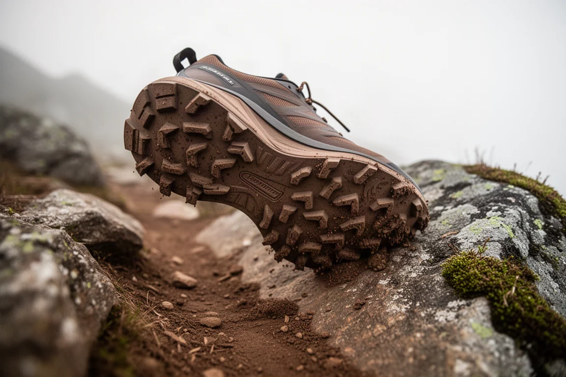 Trailschoenen met noppen die grip krijgen op rotsachtig onderweg op een bergpad