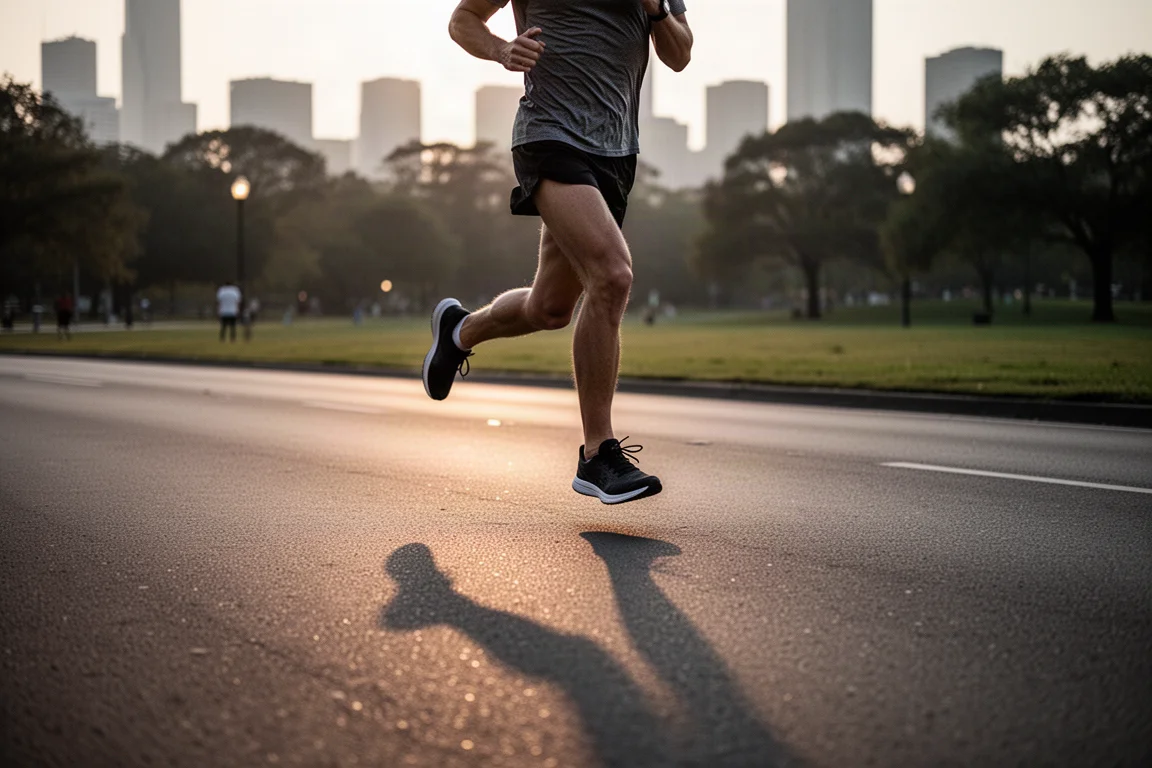 Runner lacing up a snug performance trainer on a bench at dusk