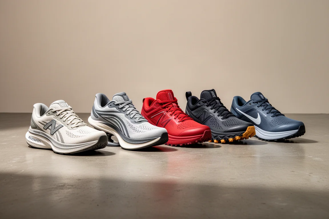 Lineup of nine running shoes on a concrete floor in soft light