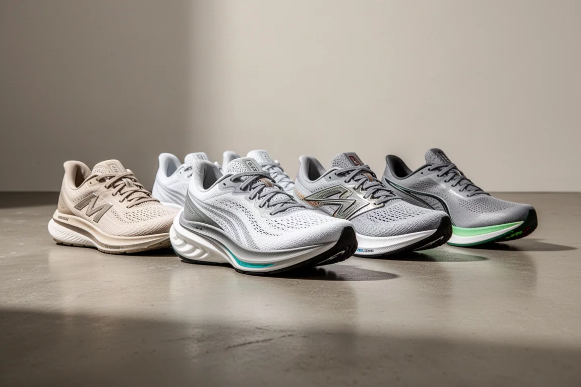 Six running shoes of different styles lined up on a concrete studio floor