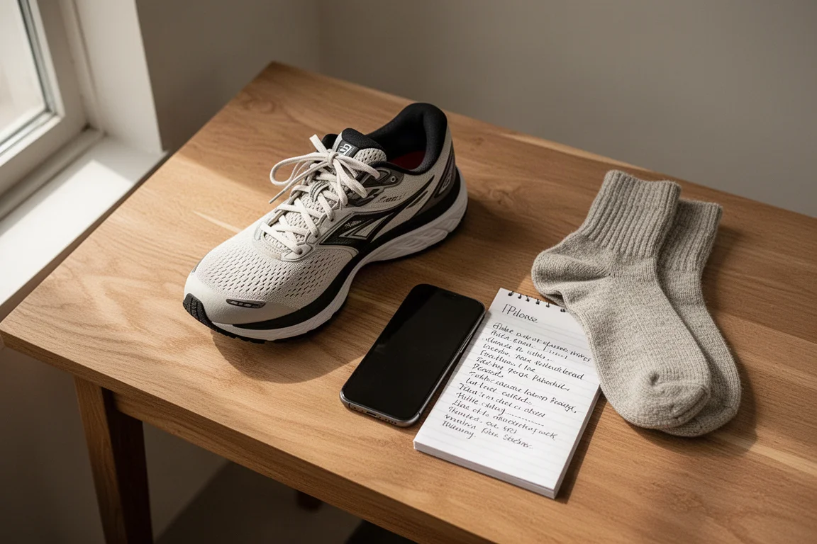 Laufschuhe und Recherche-Utensilien flach auf einem Holztisch arrangiert
