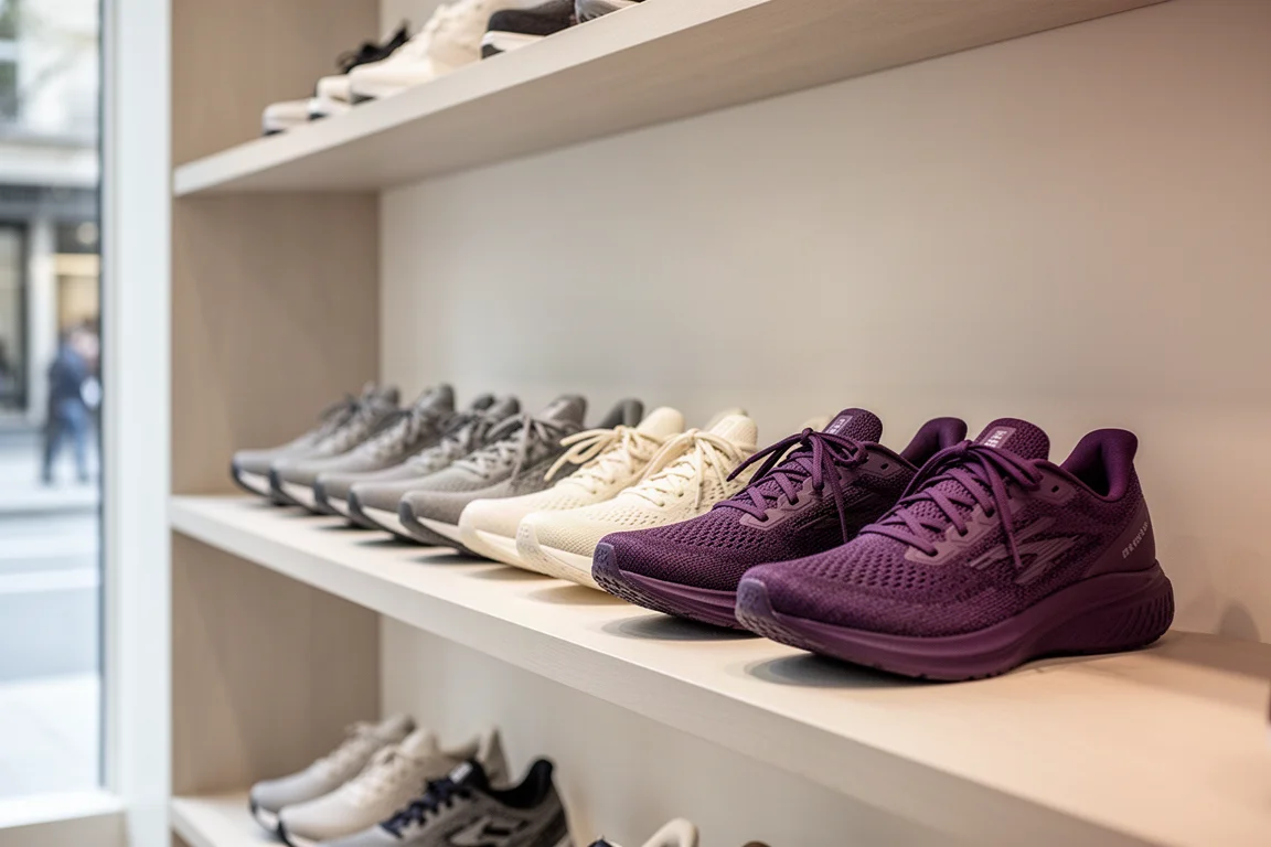 Regal im Schuhgeschäft mit Reihen von Laufschuhen in gedämpftem Licht