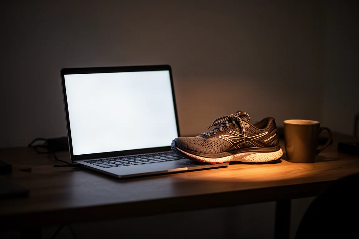 Laptopschein neben einem Laufschuh auf dem Schreibtisch bei Nacht