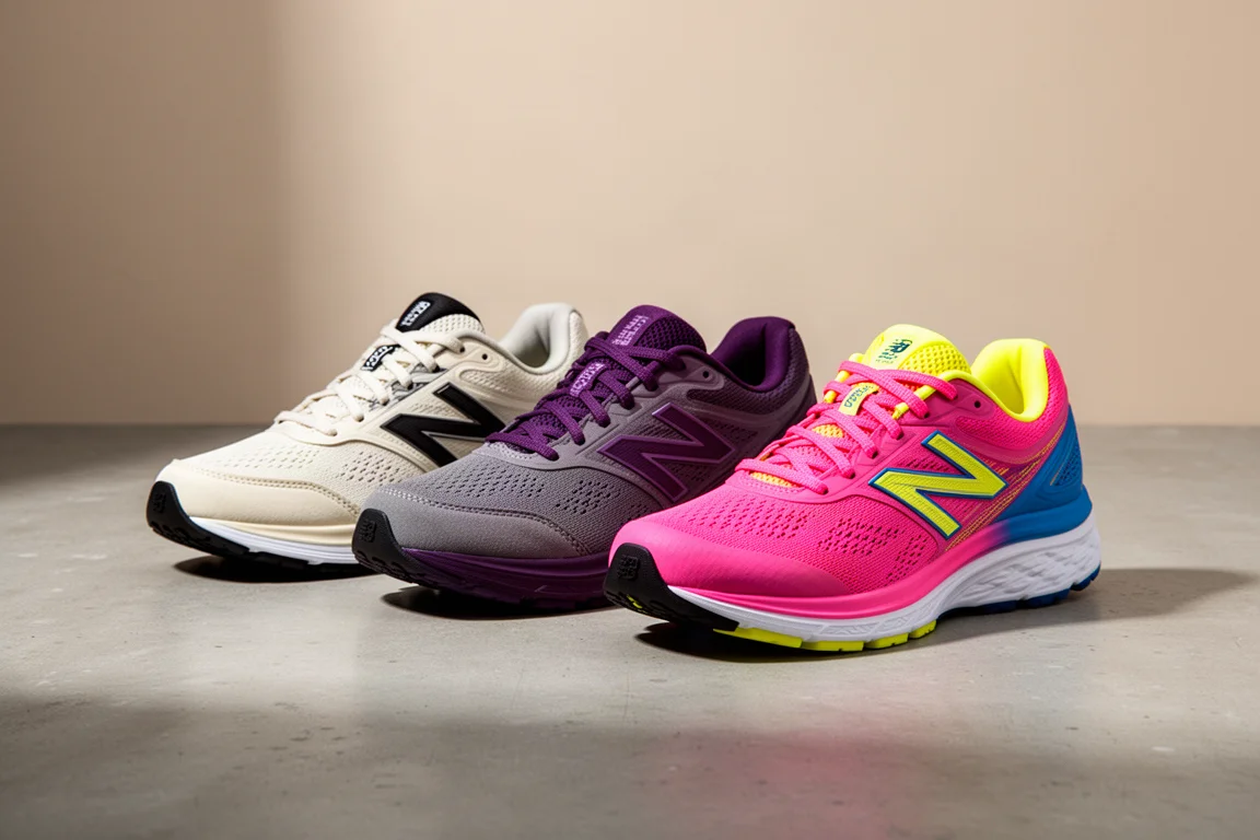 Three running shoes arranged on a matte concrete surface