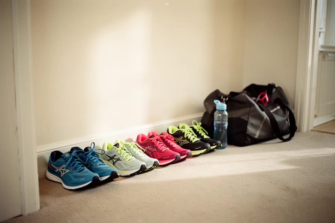 Une pile de chaussures de running dans un couloir à côté d'un sac d'entraînement