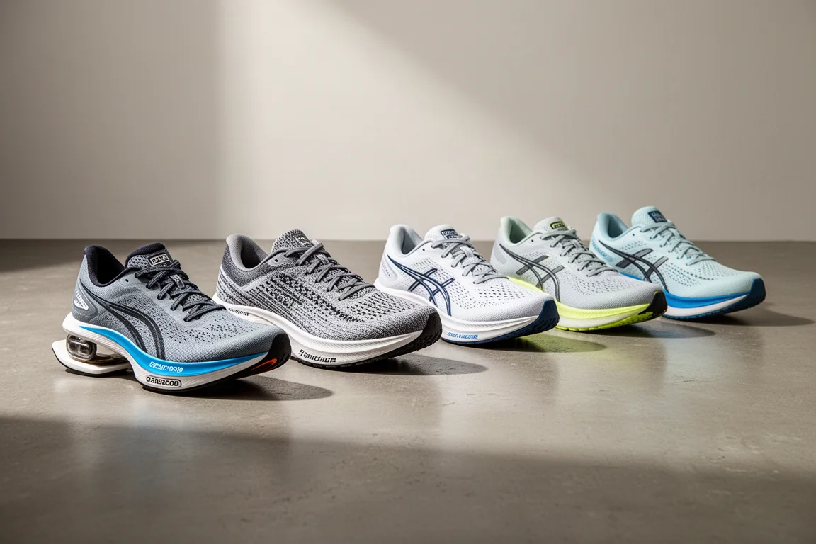 A lineup of eight different running shoes on a concrete studio floor
