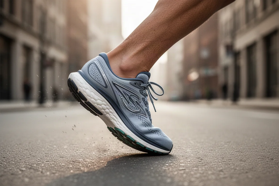 Fuß eines Läufers belastet mitten im Laufschritt auf Asphalt die Mittelsohle eines Laufschuhs