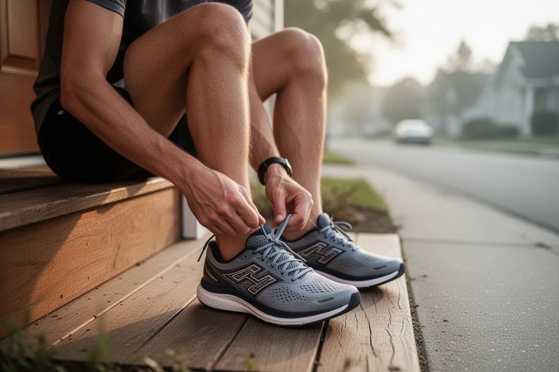 Runner lacing up road running shoes on a doorstep in early morning light