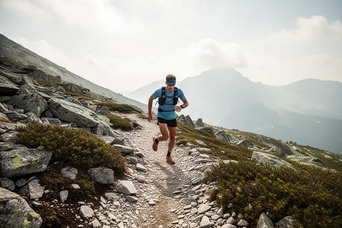 Trail runner climbing a rocky mountain path in soft daylight