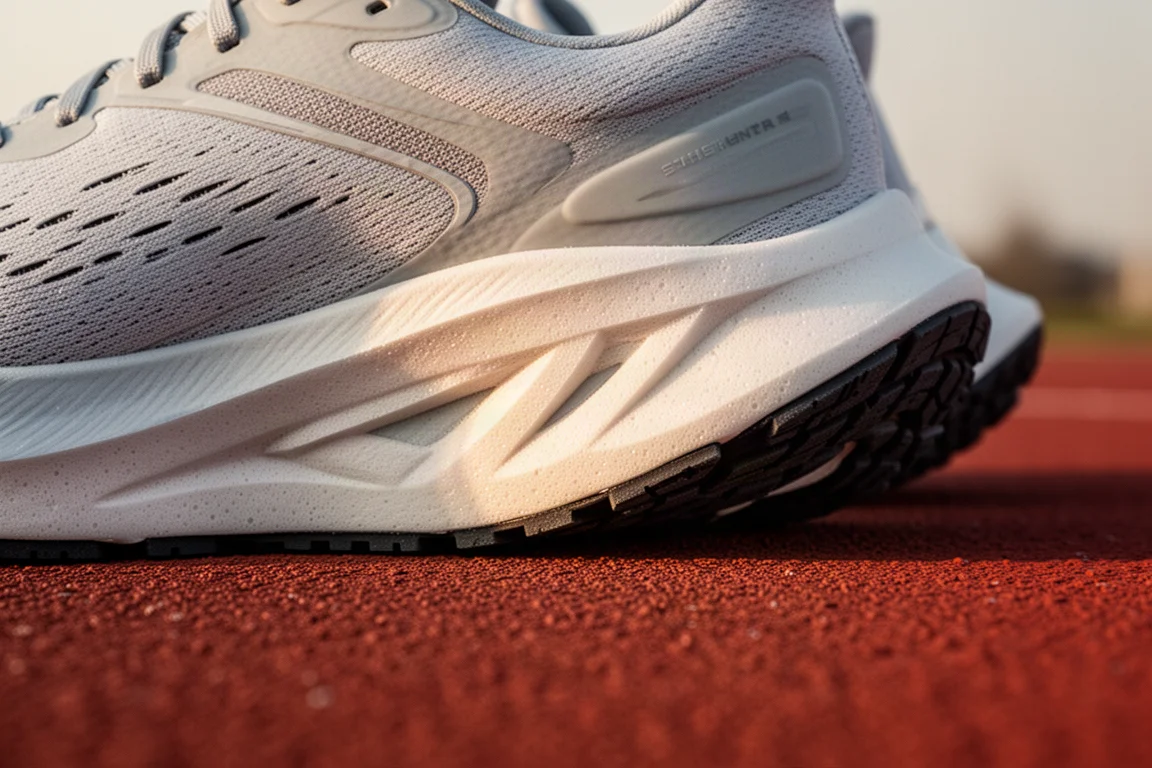 Close-up of a running shoe midsole and outsole on a running track