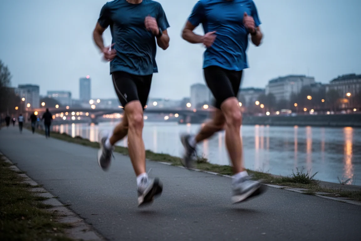 Runners on a paved path at dusk with city lights in the background