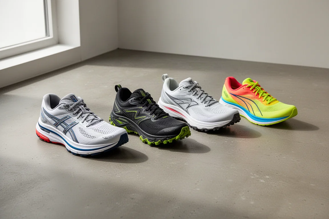 Collection of road and trail running shoes arranged on a concrete surface