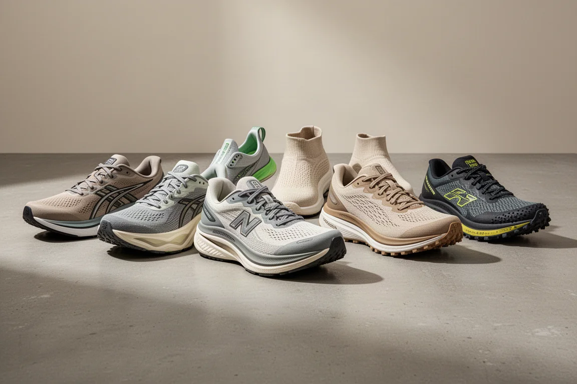 Eight running shoes in varied silhouettes arranged on a matte concrete surface