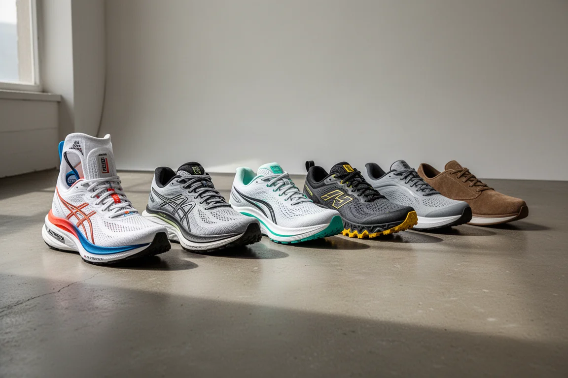 Lineup of six modern running shoes on a concrete studio floor