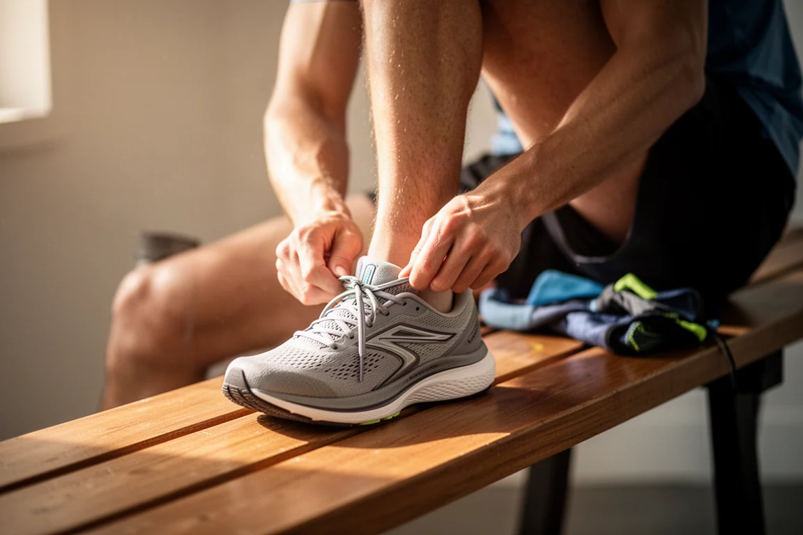 Un coureur lace une chaussure de running amortie sur un plancher de bois avant une sortie