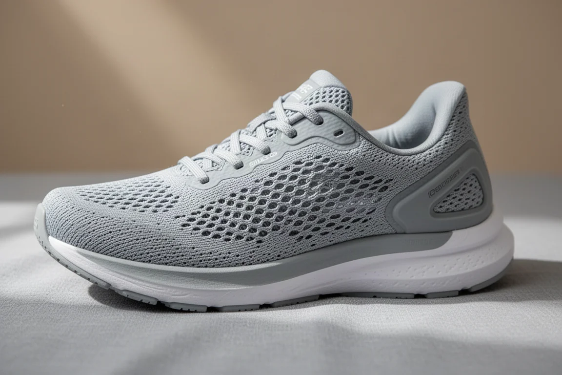 Gros plan sur la tige en mesh respirant d'une chaussure de running avec une structure d'aération visible