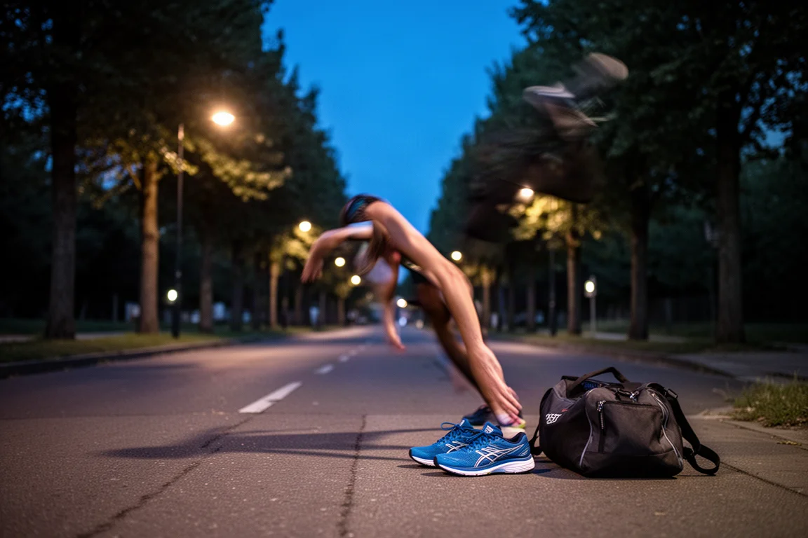 Un coureur s'étire au crépuscule après une séance de tempo dans des rues calmes