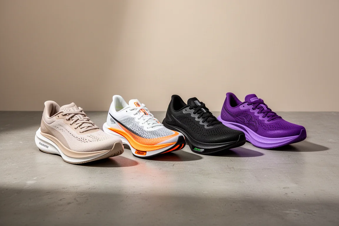 Four running shoes arranged in a row on a concrete surface