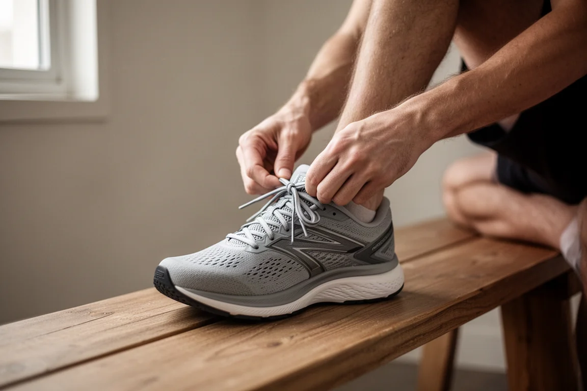 Runner lacing up a pair of running shoes on a wooden floor