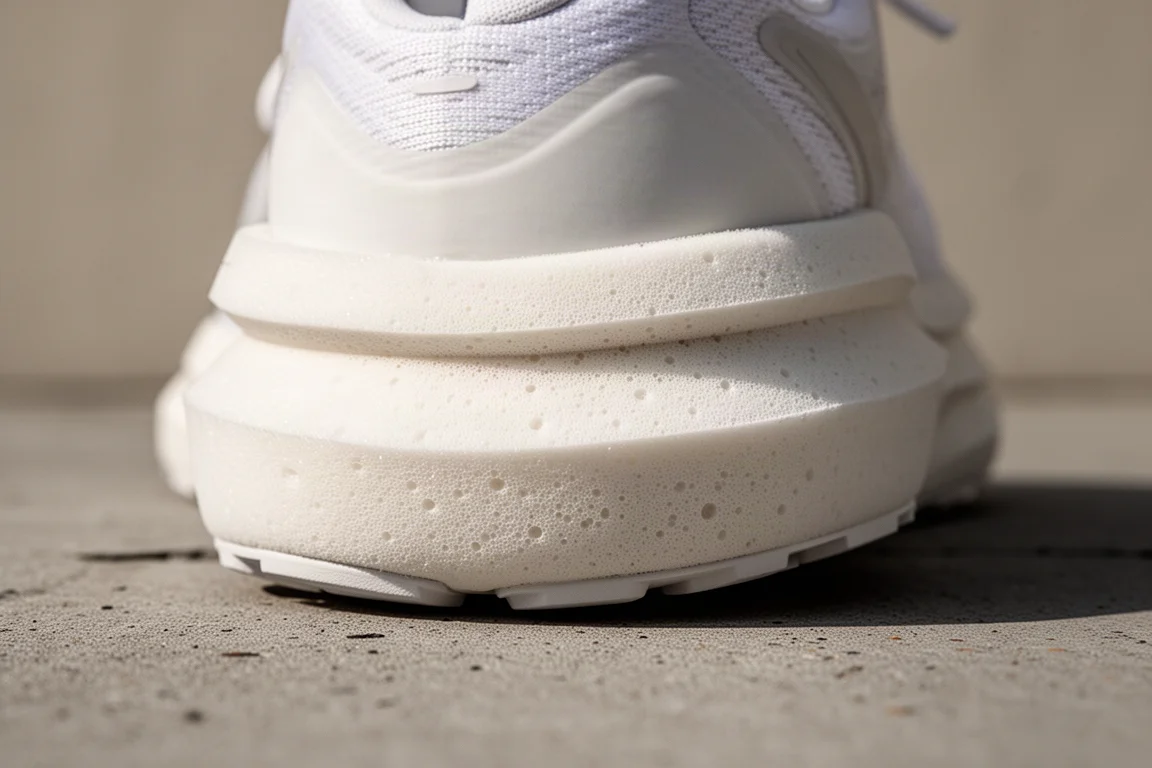 Close-up of a running shoe midsole foam stack on a concrete surface