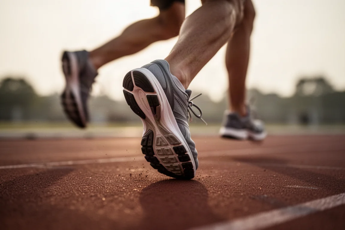 Athlete's feet running fast on a sunlit track