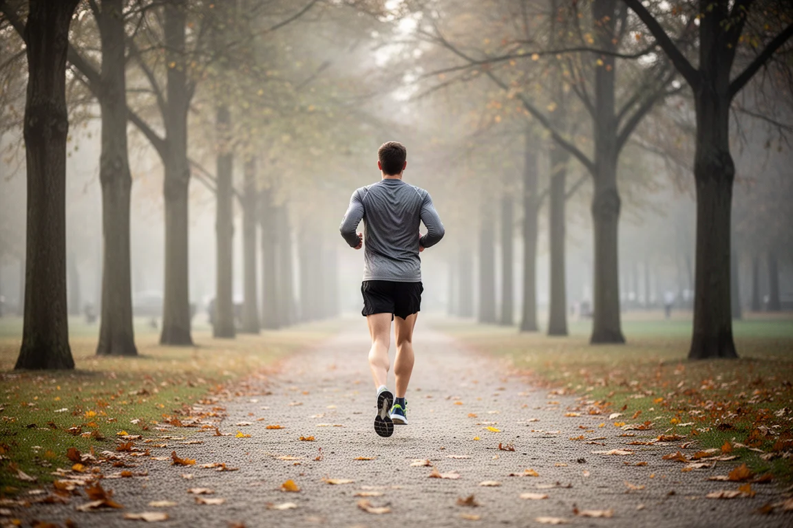 Runner mid-stride on a tree-lined park path in soft morning light