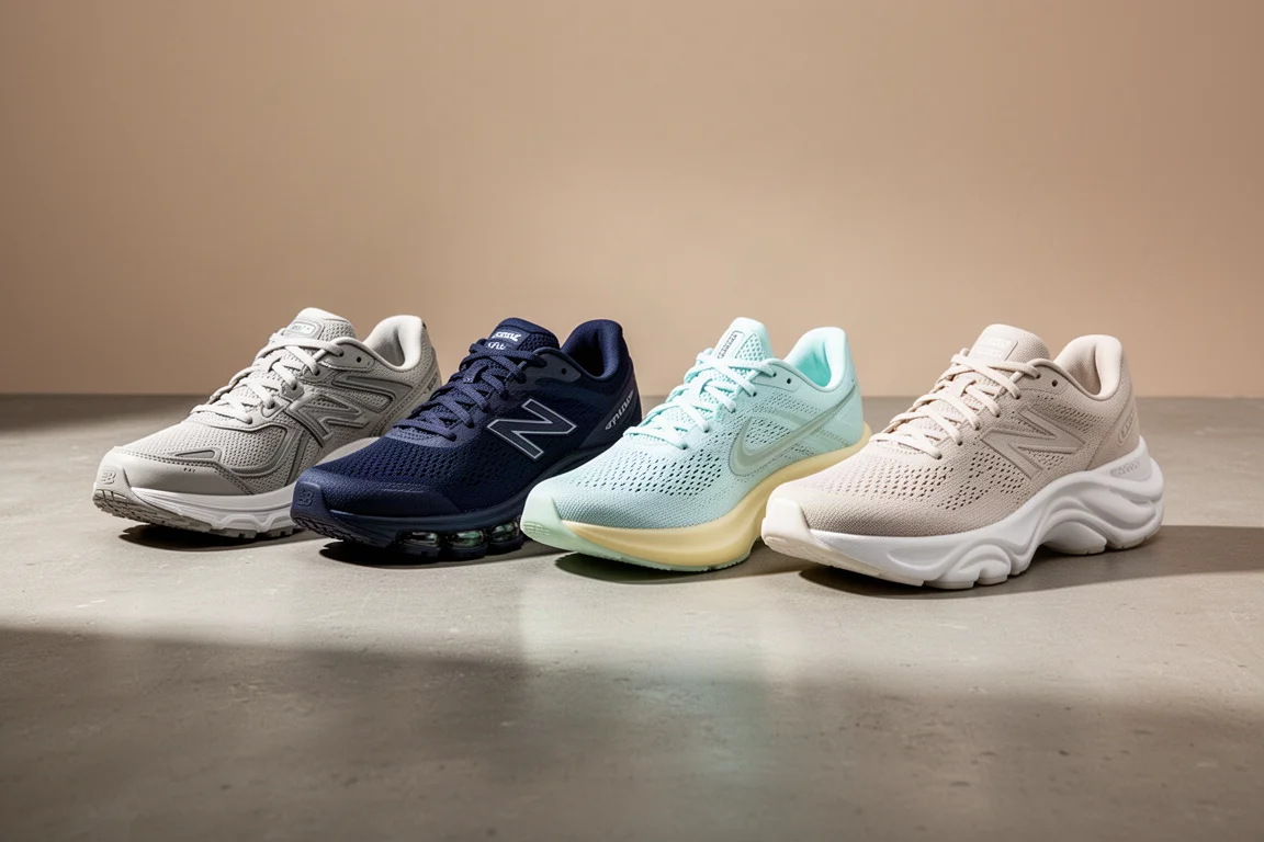 Four running shoes in a row on a concrete surface