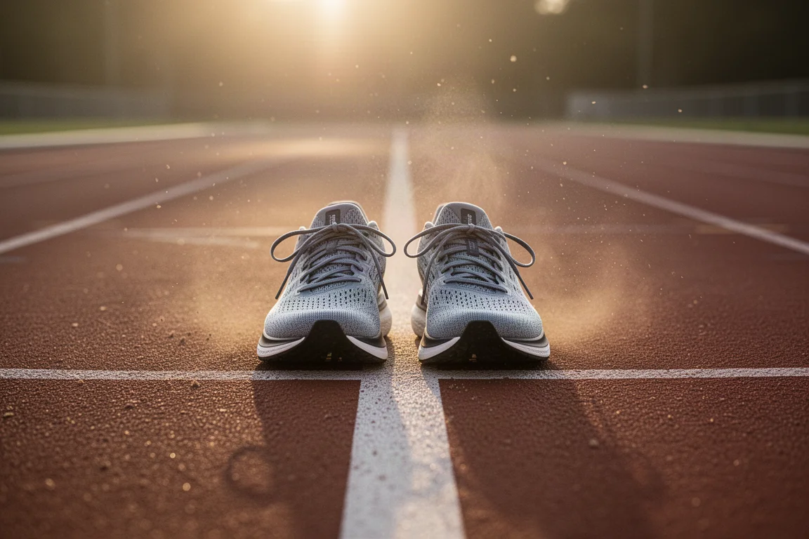 Ein einzelnes Paar Laufschuhe ruht zur goldenen Stunde auf einer Bahnlinie
