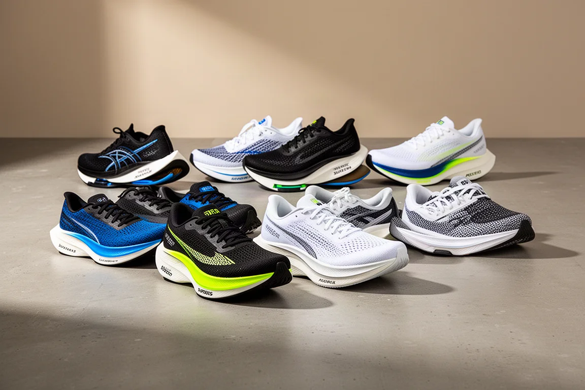 Eight running shoes arranged in two rows on a concrete surface