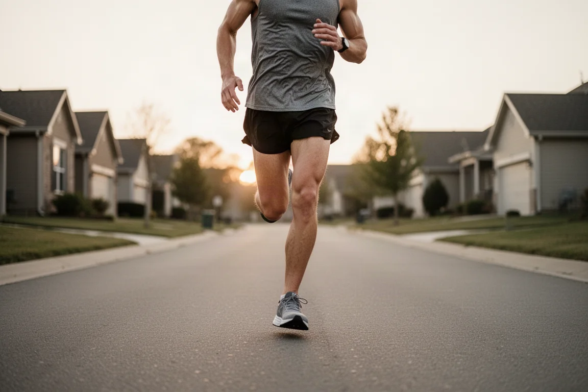 Runner settling into an easy recovery pace on quiet suburban tarmac at dawn