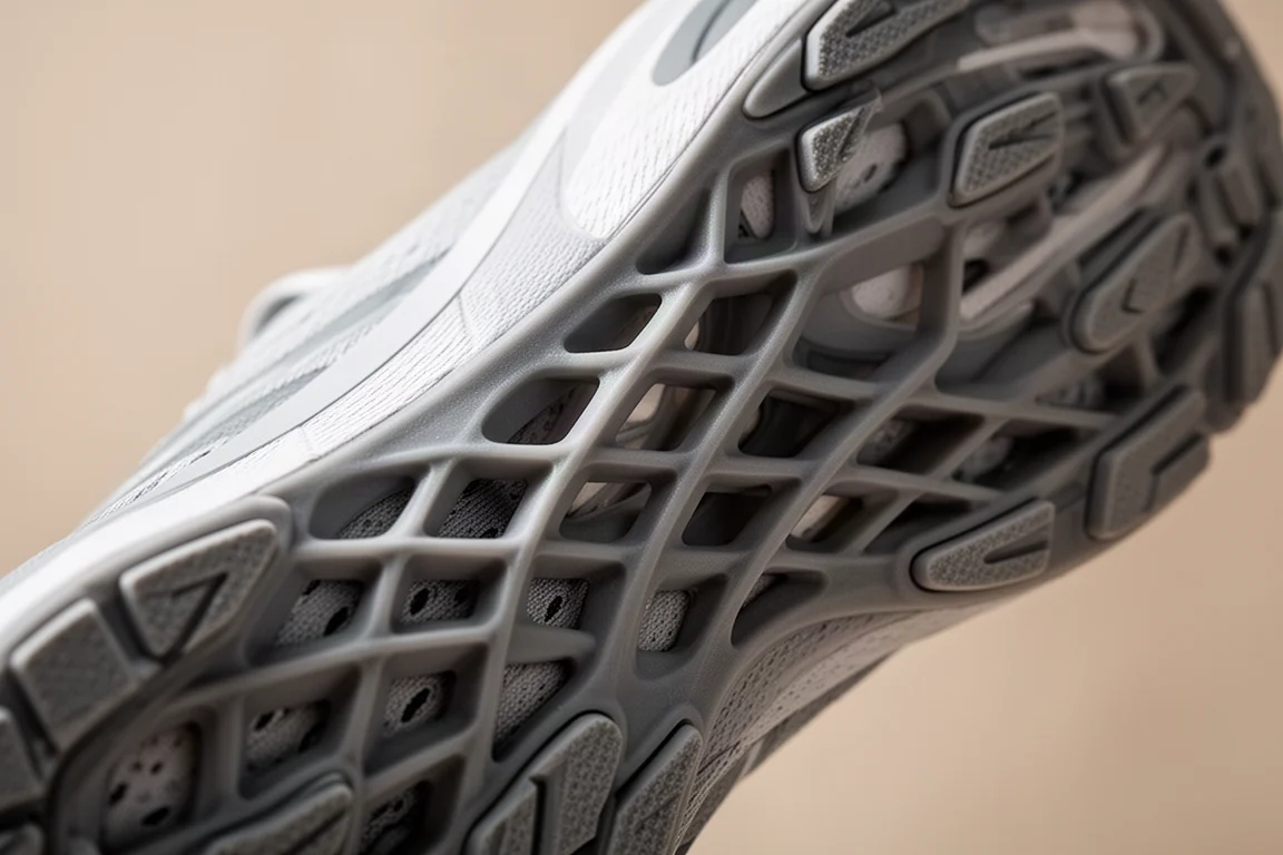 Close-up of a lattice-structured 3D printed midsole under studio light