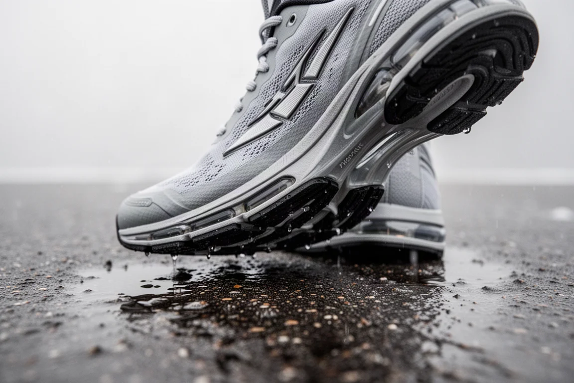 Race plate shoe outsole pressed on wet winter road, thin rubber coverage visible