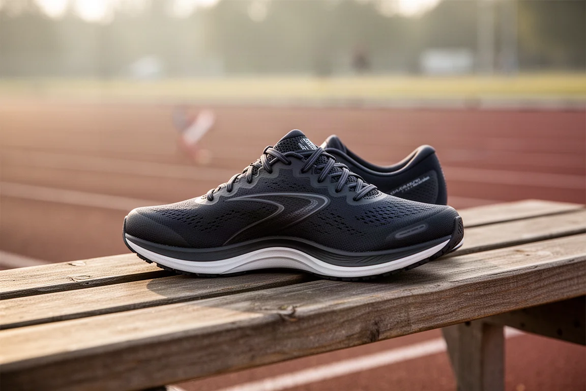 Daily trainer with visible plate resting on trackside bench after a tempo run