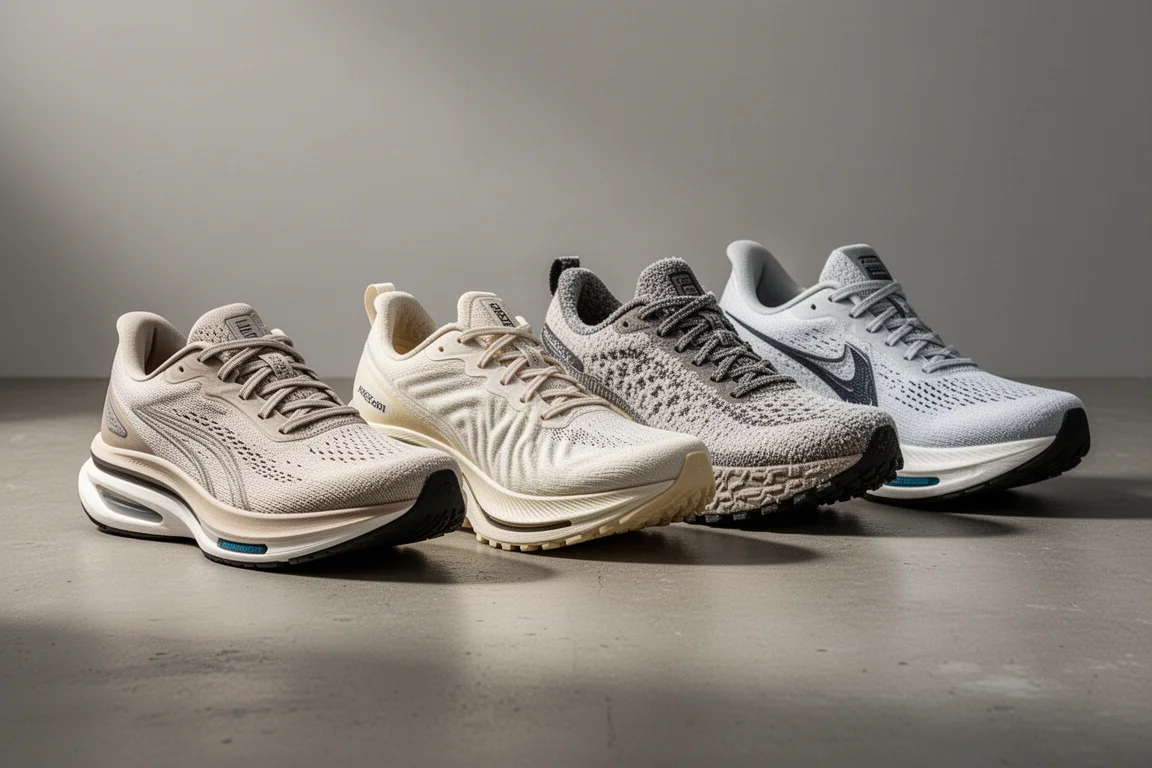 Four running shoes lined up on a matte concrete surface in soft studio light