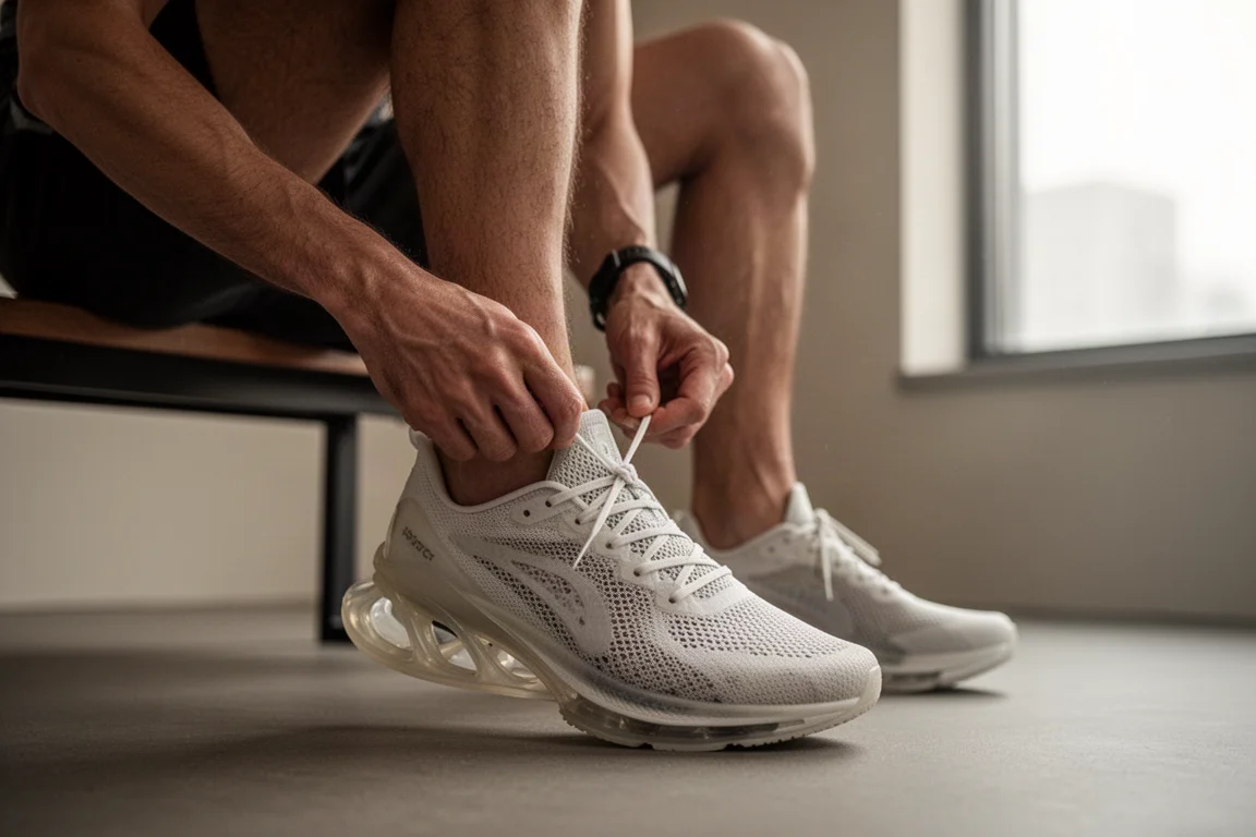 Mehrere Super-Schuhe vor einem Bahntraining auf einer Bank gestapelt