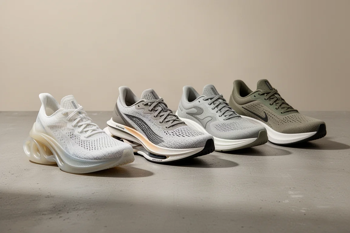 Four running shoes arranged in a row on a concrete surface