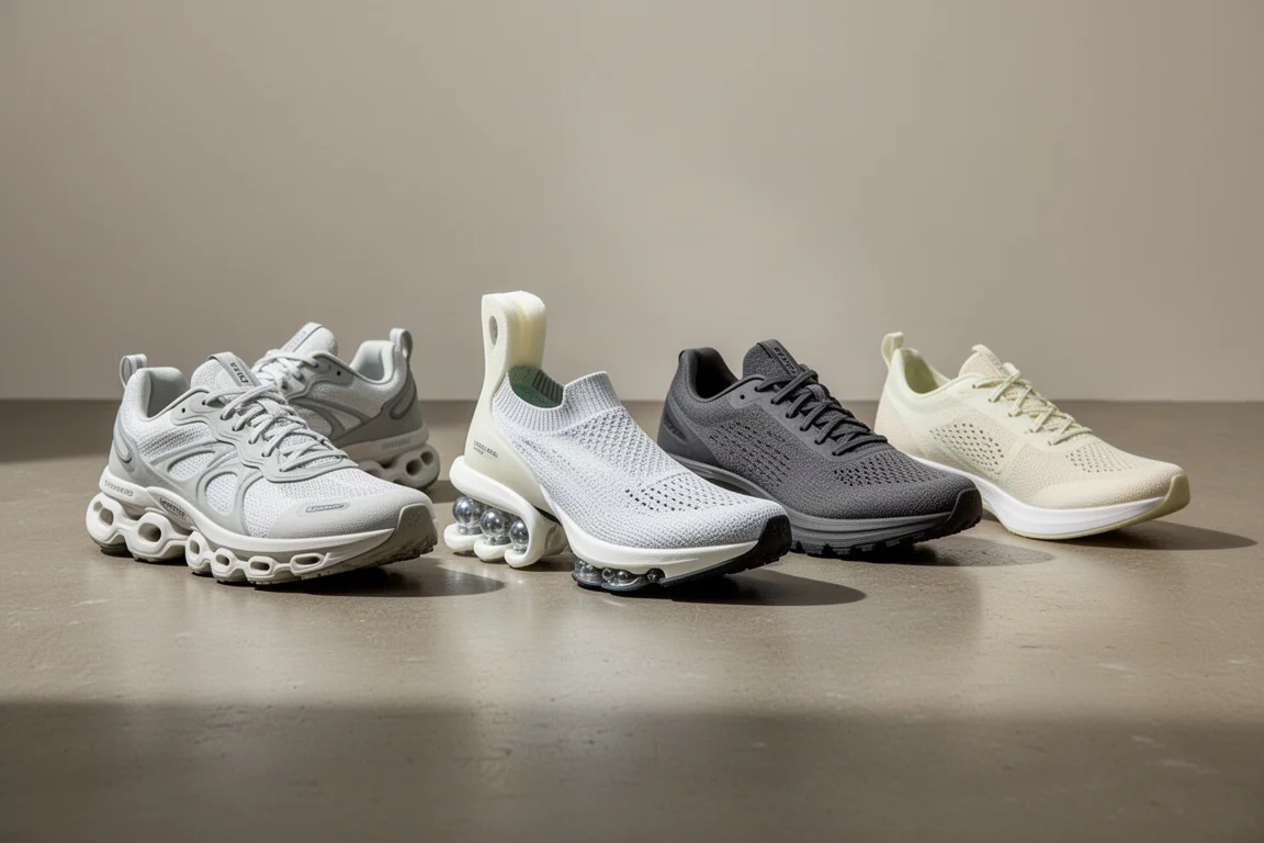Four different running shoes lined up on a concrete studio floor